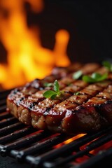 Perfectly grilled beef, vibrant flame backdrop , grill marks, grilled