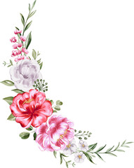 Watercolor Crescent Floral Arrangement: Pink, Red, and White Peonies with Greenery