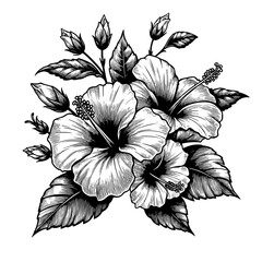 Fototapeta premium hibiscus flowers and leaves sketch engraving generative ai fictional character PNG illustration. Scratch board imitation. Black and white image.