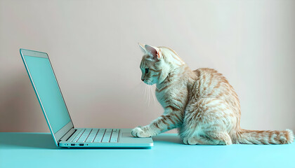 Cat Sitting Next to Laptop on Desk in Modern Office Setup