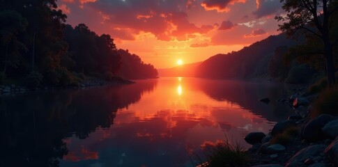 Romantic riverside scene, glowing embers, silhouettes, quiet, spring