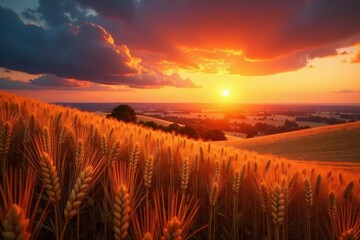 Rolling hills of ripe wheat under a fiery sunset , field, agriculture