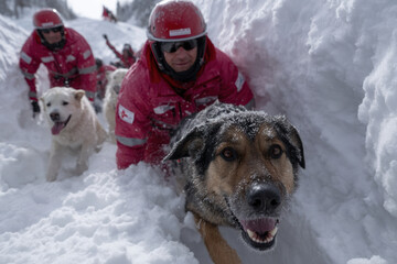 Rescue team and dogs work together amid snowy landscape for avalanche search