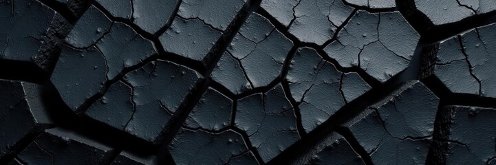 Rough, cracked black surface with deep crevices, design, uneven