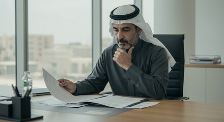 Arab Businessman Reviewing Documents in Modern Office