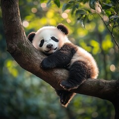 Obraz premium Adorable Panda Resting on a Branch: A precious giant panda, exuding calm and tranquility, rests comfortably on a sturdy tree branch, basking in the soft light of the forest.