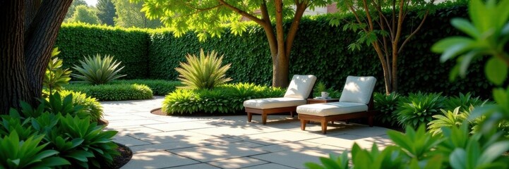 Serene backyard oasis with lush foliage & stone patio, landscaping, backyard oasis
