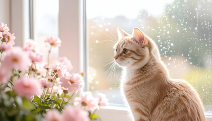 Serene Cat Observing the World Through a Rain-Drenched Window