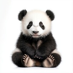 Fototapeta premium Adorable Panda Cub: A captivating close-up of an adorable panda cub sitting against a white background. Its fluffy fur, endearing expression.
