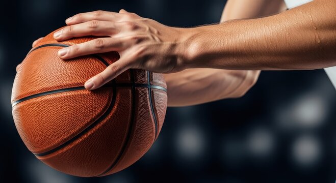 Basketball player holding a ball with both hands, close up.