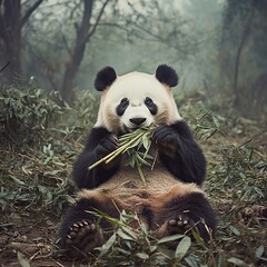 Obraz premium Bamboo Feast: A captivating image of a panda contentedly munching on fresh bamboo amidst a misty forest setting, embodying the tranquility of nature and the simple joys of life.