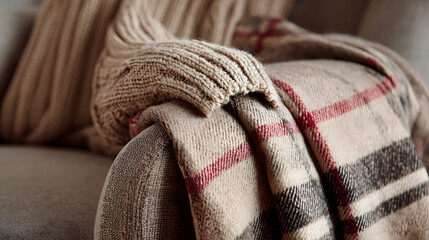 A chunky sweater sleeve partially covered by a plaid wool blanket, set on a comfy sofa