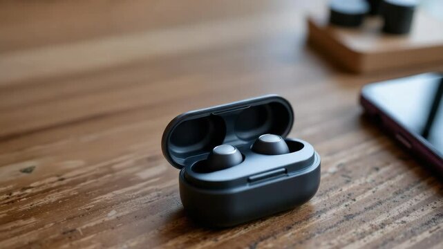Wireless earbuds in hand with charging case on wooden surface.