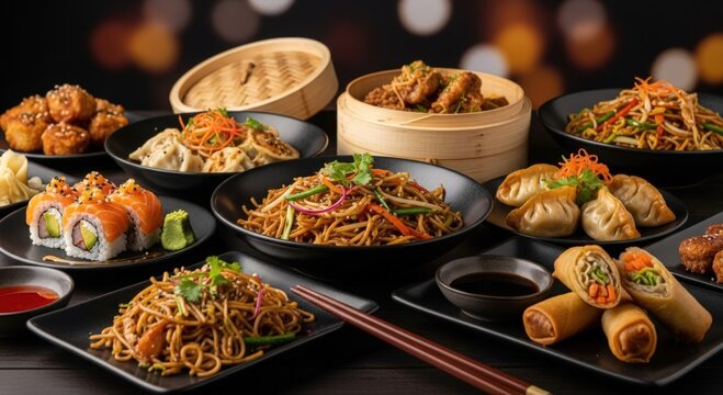 Various Asian dishes on a table, including noodles, sushi, and dumplings.