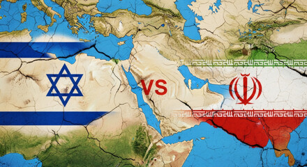 Naklejka premium Israel versus Iran geopolitical rivalry and regional conflict concept illustration