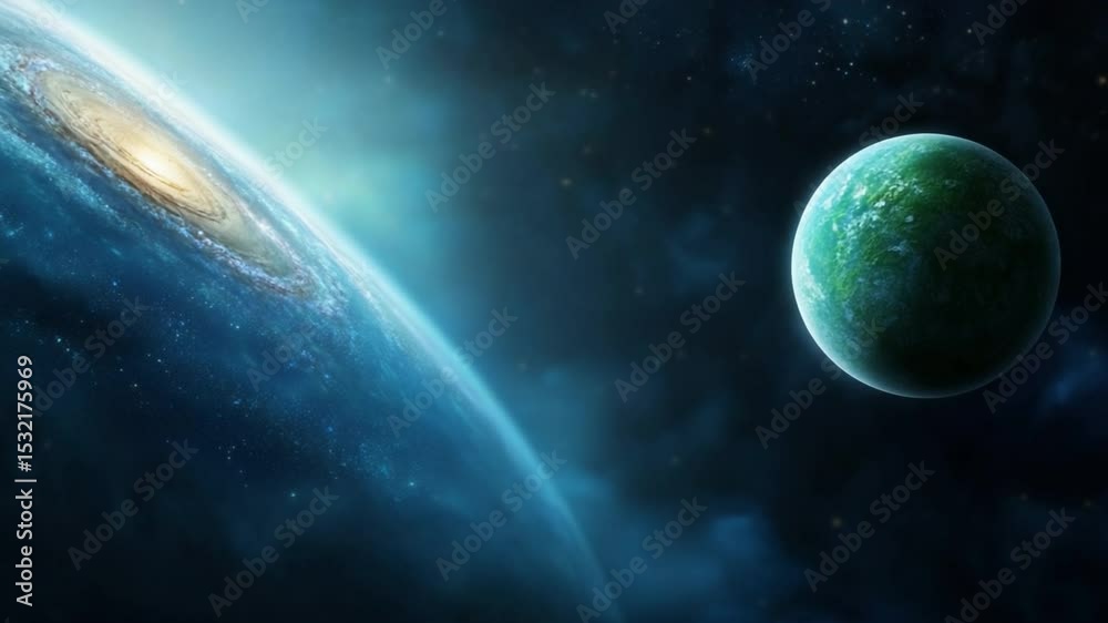 Poster cosmic encounter: a vibrant, alien planet orbits a massive galaxy, a cosmic ballet of celestial bodi