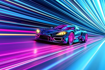 Futuristic Sports Car Speeding Through Neon Light Tunnel with Vibrant Blue and Pink Colors