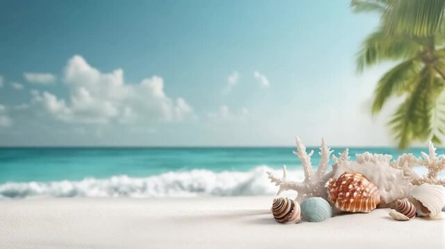 A close-up of a sea shell resting on golden sand, with gentle ocean waves and a clear blue sky creating a serene beach backdrop. 4K video footage.