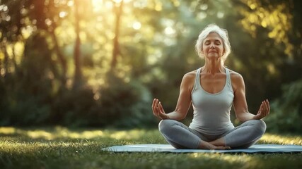 An elder woman meditates peacefully in a tranquil park, surrounded by lush greenery and soft sunlight, embodying calmness and mindfulness. 4K video footage. - Powered by Adobe