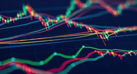 Financial data chart with lines and bars on a dark background.