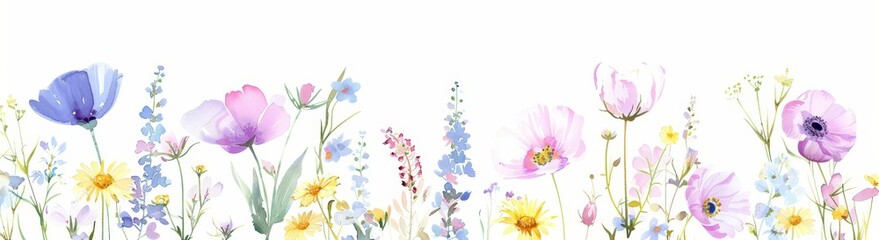 Watercolor wildflowers, pastel pink, purple, yellow, blue, and green colors, spring aesthetic, clipart style