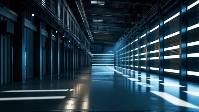 A vast, futuristic empty warehouse with sleek architecture, polished floors, and ambient lighting. The space feels sterile, silent, and ready for high-tech operations. 4K video footage.