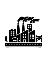 Fototapeta premium Industrial Factory Icon with Smoke Stacks, Black and white vector illustration of an industrial factory complex with chimneys emitting smoke, symbolizing manufacturing and pollution.