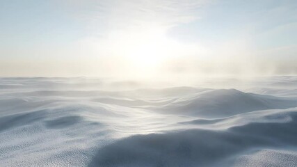 Vast snowy expanse, sunlit. Gentle snow drifts undulate across a wide, flat landscape, bathed in a pale, bright light. A soft, hazy quality to the air, and a distant, soft fog - Powered by Adobe