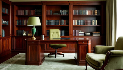 Interior of a study made of red solid wood. Generated by AI.