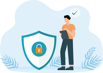 Character of person with security device for cellphone, laptop and cyber security data. Illustrations for websites, landing pages, mobile apps, posters and banners.

