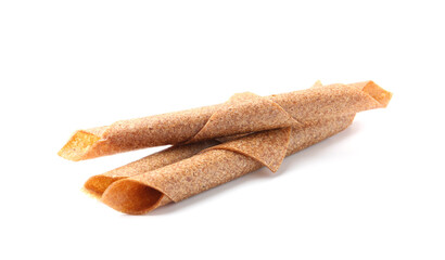 Delicious fruit leather rolls on white background