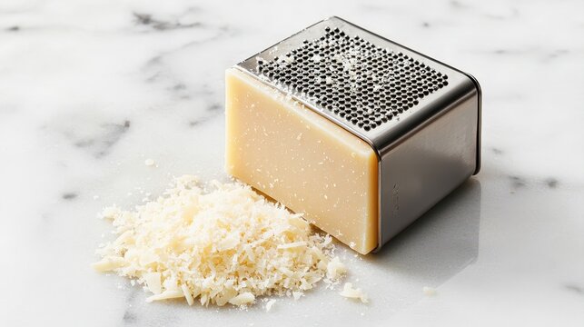 A stainless steel box grater with grated Parmesan cheese on a marble surface. - Powered by Adobe