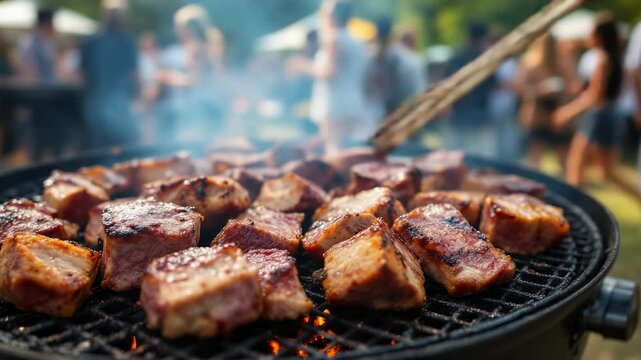 grilled cubes of seasoned meat cooking on a charcoal grill amidst an outdoor gathering