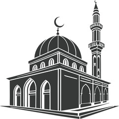 Minimalist Black Mosque Silhouette Icon with Dome, Minaret, and Crescent Moons