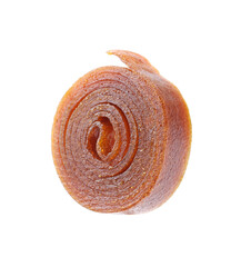 Delicious fruit leather roll on white background