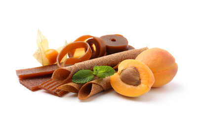 Tasty fruit leather, apricots and physalis isolated on white