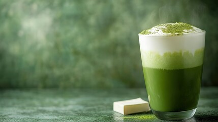 Matcha latte in ceramic cup with milk foam on green background, soft lighting casting subtle shadows, minimalist composition with decorative paper square and dark green wall for beverage menus, cafe p