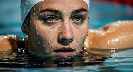 Female swimmer with water drops on face in the swimming pool