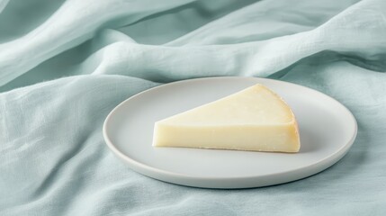 A single slice of hard cheese on a white plate set against a soft, textured light blue fabric background.