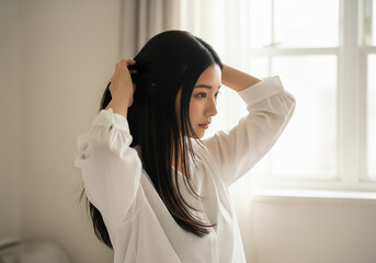Fototapeta premium 髪の毛を整えている女性