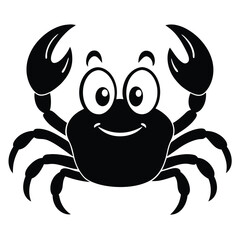 Smiling crab with large claws is depicted in a simple black silhouette