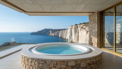 Obraz na płótnie Canvas Interior of a luxurious bathroom with a panoramic window and a round jacuzzi, a view of the sea and rocks, a hotel. Generated by AI.