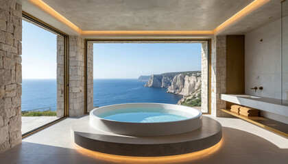Plakat Interior of a luxurious bathroom with a panoramic window and a round jacuzzi, a view of the sea and rocks, a hotel. Generated by AI.