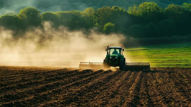 Tractor plowing fields at sunset with dust clouds rising in rural countryside