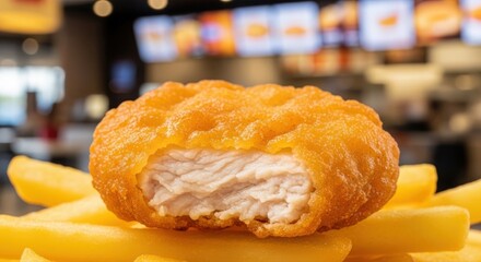 Chicken nugget with french fries, fast food meal, restaurant setting.