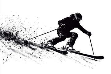 Dynamic skier racing down a snowy slope in a winter landscape with powder flying in the air during a clear day