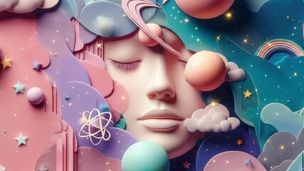 Abstract face surrounded by colorful clouds and celestial shapes, concept of Unusualness, unusual, quirky, sound healthy sleep  