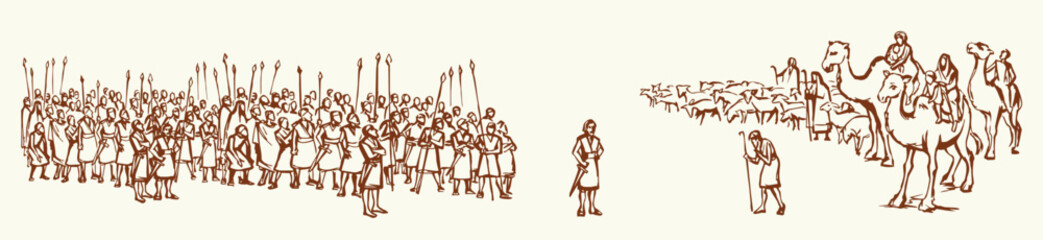 Vector drawing. Many strong soldiers