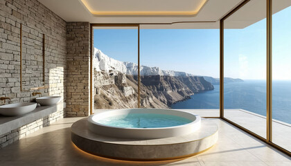 Plakat Interior of a luxurious bathroom with a panoramic window and a round jacuzzi, a view of the sea and rocks, a hotel. Generated by AI.