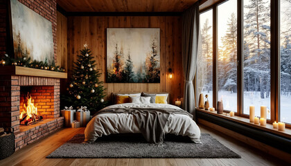 Bedroom of a country cottage with a Christmas tree, panoramic windows, fireplace. Hotel or apartment for the weekend. Generated by AI.